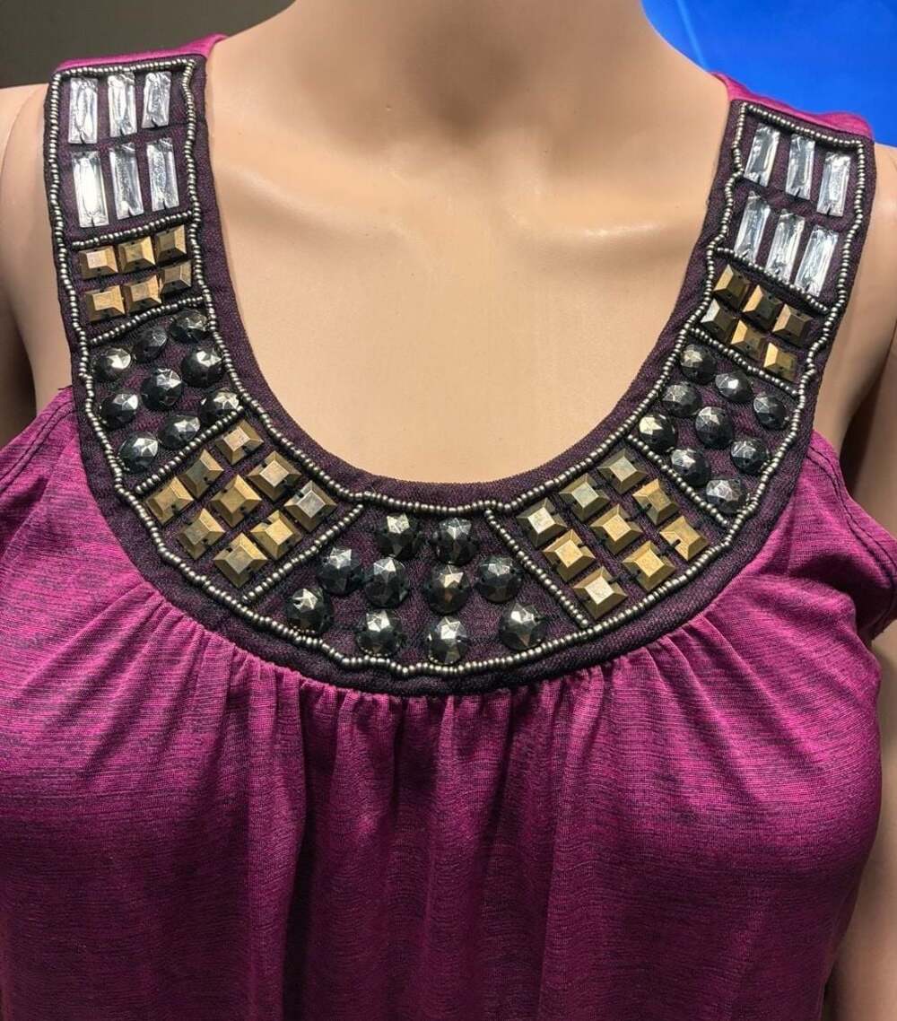 IZ Byer Women's Sleeveless Tank Top with Beaded Embellished Neckline - Picture 2 of 4